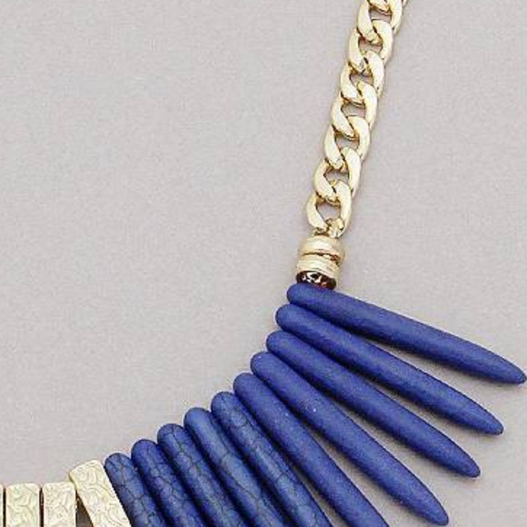Royal Blue Stone Spike Drops Gold Necklace Earring - Picture 3 of 4